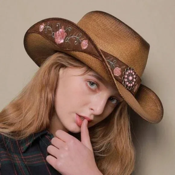 Western Straw Floral Embroidered Festival Cowboy hat - Picture 5 of 6